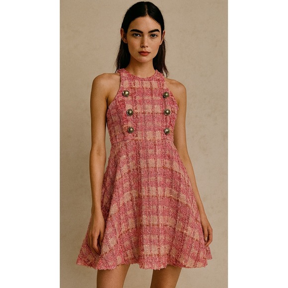 Bardot Junior Tweed‎ Dress Halter Neck Button Front Pink Party Size 14 - Picture 1 of 7